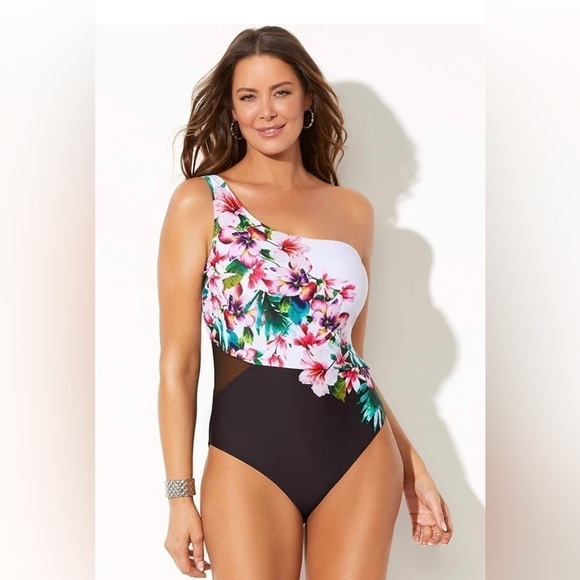 NEW - SWIMSUITS FOR ALL - Pink Floral One Shoulder One Piece Swimsuit - Size 26 - Picture 2 of 11
